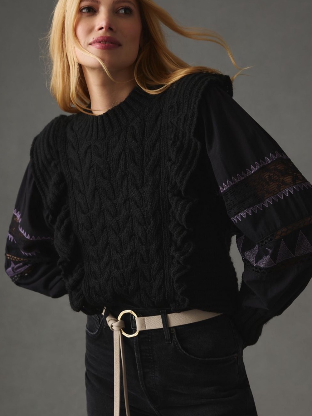 Anthropologie black cable knit ruffle sweater embroidered puff sleeve boho M